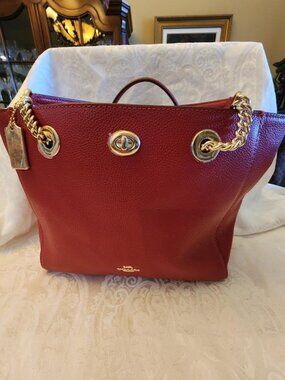 COACH Cherry Red Turn Lock Gold Chain Tote Handbag